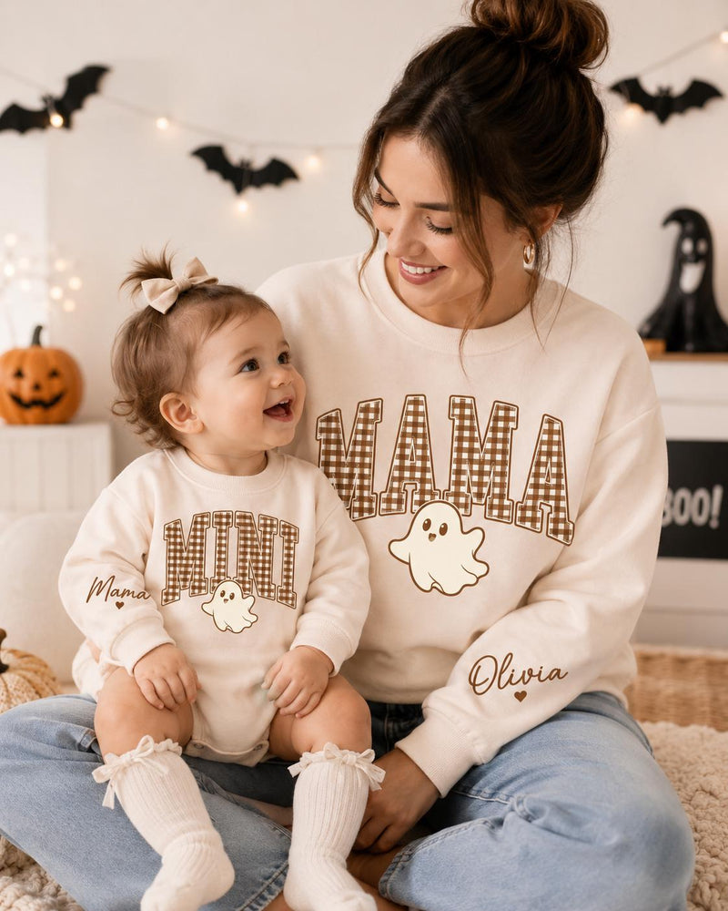 Mama Mini Matching Halloween Sweatshirt and Baby Romper with Ghost Graphic, Retro Gingham Print, Custom Name for Family Outfits