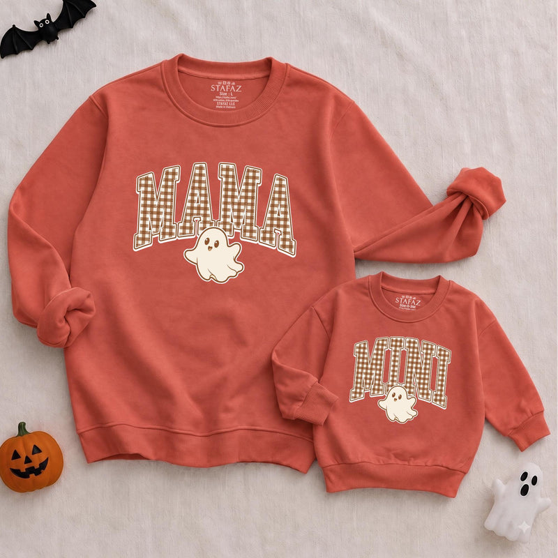 Mama Mini Matching Halloween Sweatshirt and Baby Romper with Ghost Graphic, Retro Gingham Print, Custom Name for Family Outfits