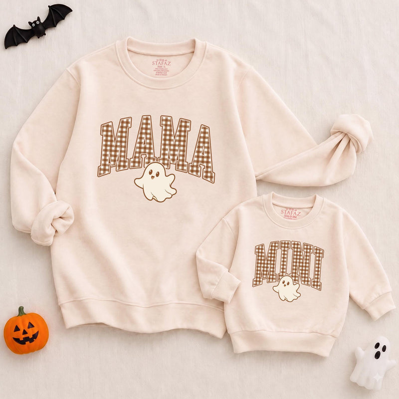 Mama Mini Matching Halloween Sweatshirt and Baby Romper with Ghost Graphic, Retro Gingham Print, Custom Name for Family Outfits