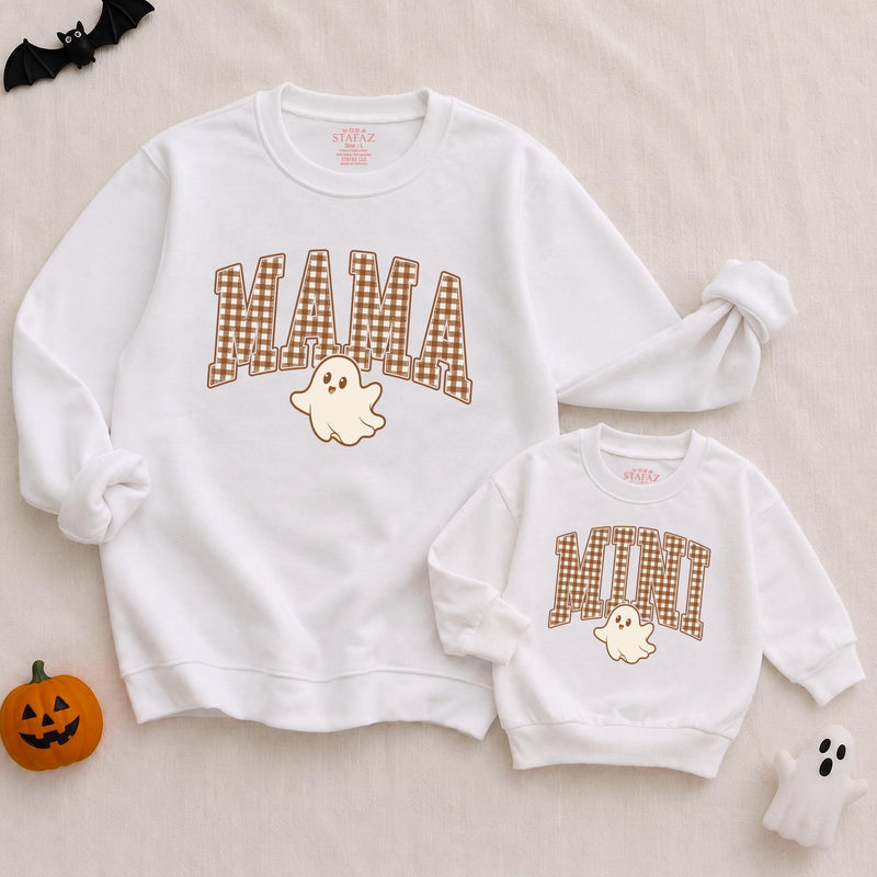 Mama Mini Matching Halloween Sweatshirt and Baby Romper with Ghost Graphic, Retro Gingham Print, Custom Name for Family Outfits