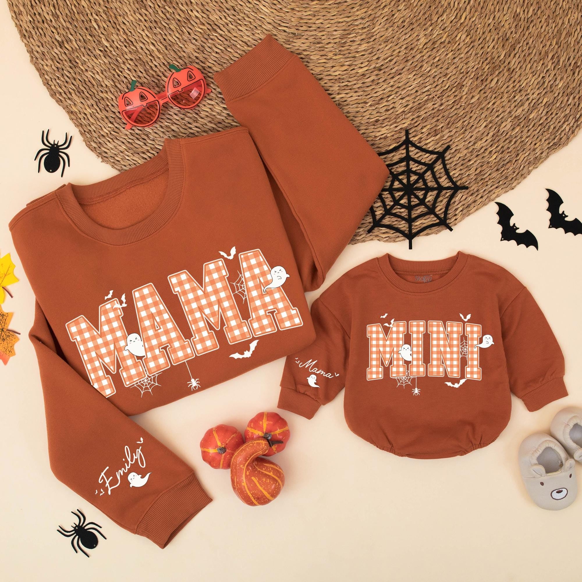 Mama and Mini Matching Halloween Sweatshirts with Gingham Letters and Ghost Artwork, Fall Family Outfit with Custom Names