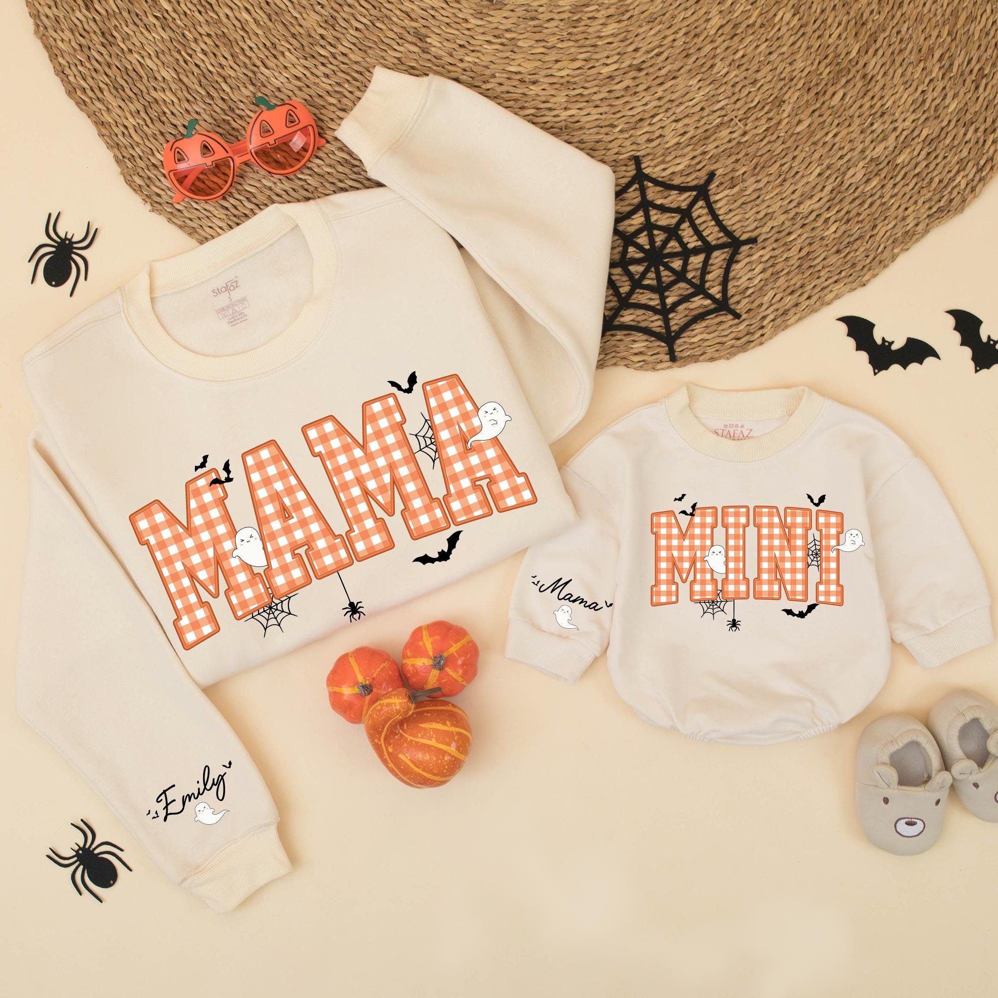 Mama and Mini Matching Halloween Sweatshirts with Gingham Letters and Ghost Artwork, Fall Family Outfit with Custom Names