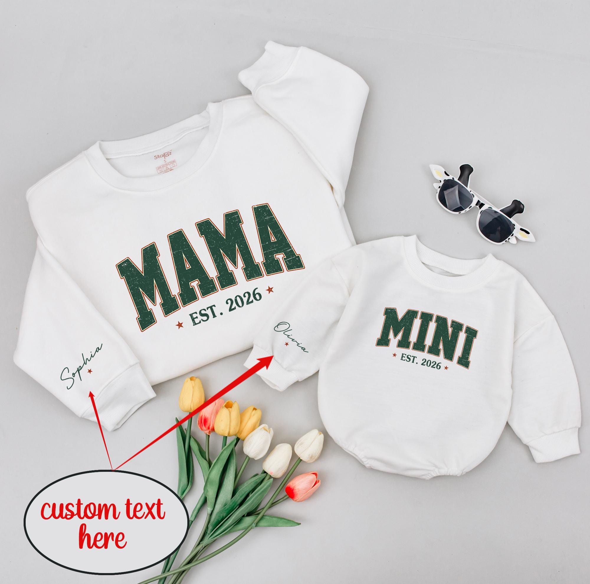 Mama & Mini Matching Sweatshirt and Romper Set with Custom Name, EST Year Design, Family Outfit for Photos or Baby Shower Gift