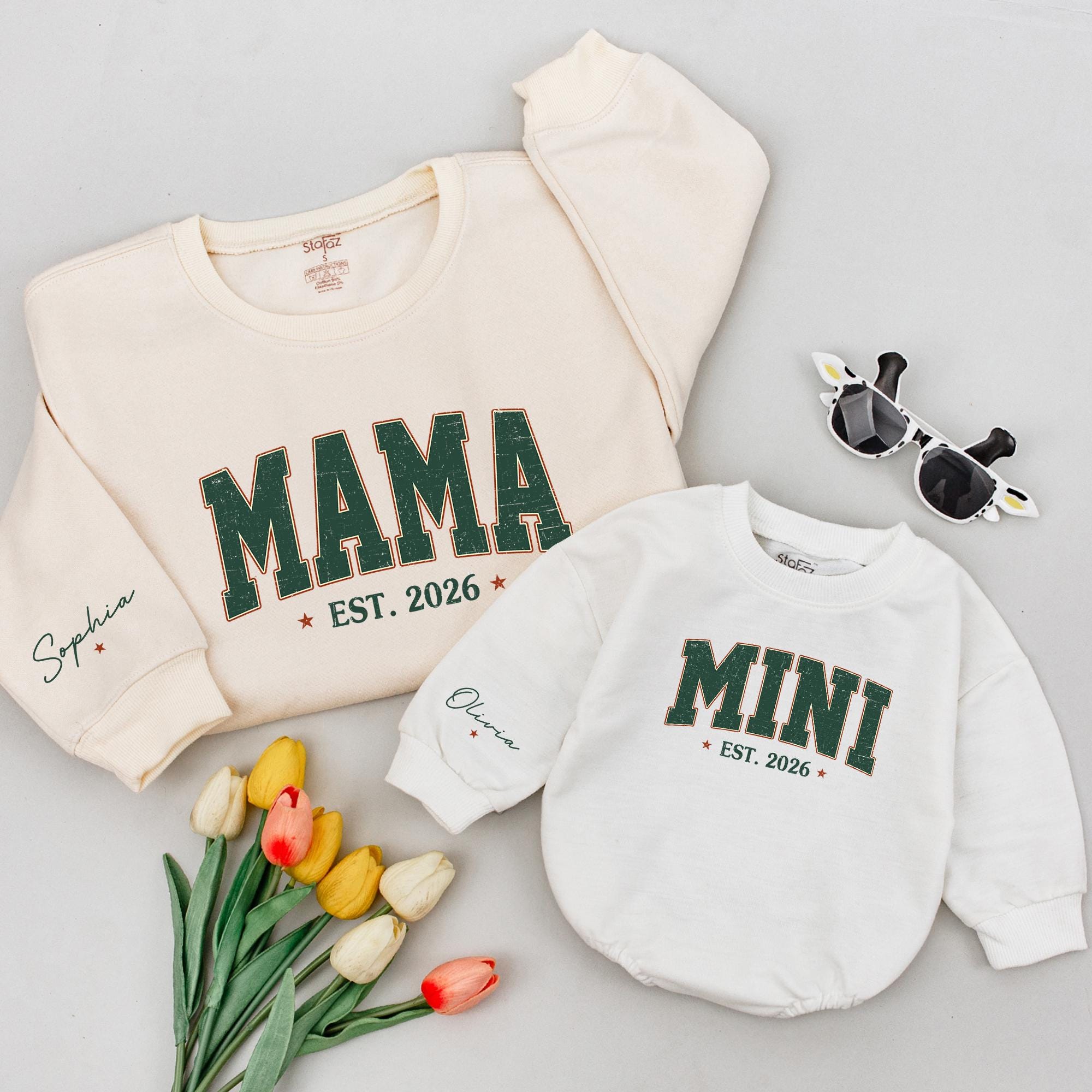 Mama & Mini Matching Sweatshirt and Romper Set with Custom Name, EST Year Design, Family Outfit for Photos or Baby Shower Gift