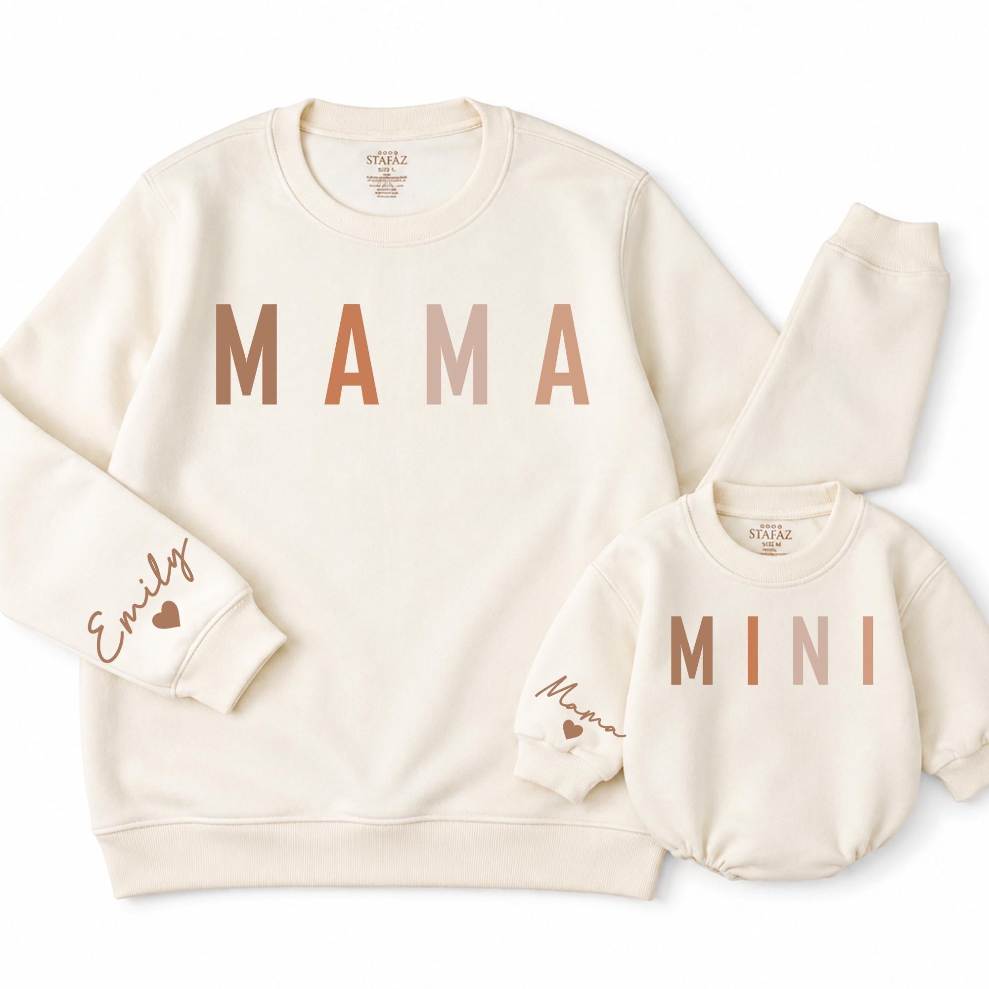 Mama and Mini Matching Sweatshirts with Custom Name, Neutral Minimalist Family Outfit, Toddler and Adult Sizes NB-2XL