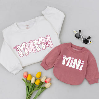Mama and Mini Matching Sweatshirts with Floral Chinoiserie Print, Striped Pink Design, Mommy and Me Outfits for Mother’s Day