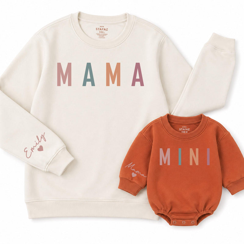 Mama and Mini Matching Sweatshirts with Pastel Text Design, Mommy and Me Christmas Outfits, Custom Name Family Holiday Apparel