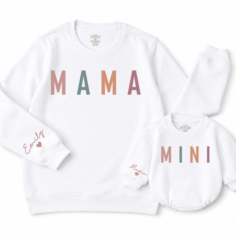 Mama and Mini Matching Sweatshirts with Pastel Text Design, Mommy and Me Christmas Outfits, Custom Name Family Holiday Apparel