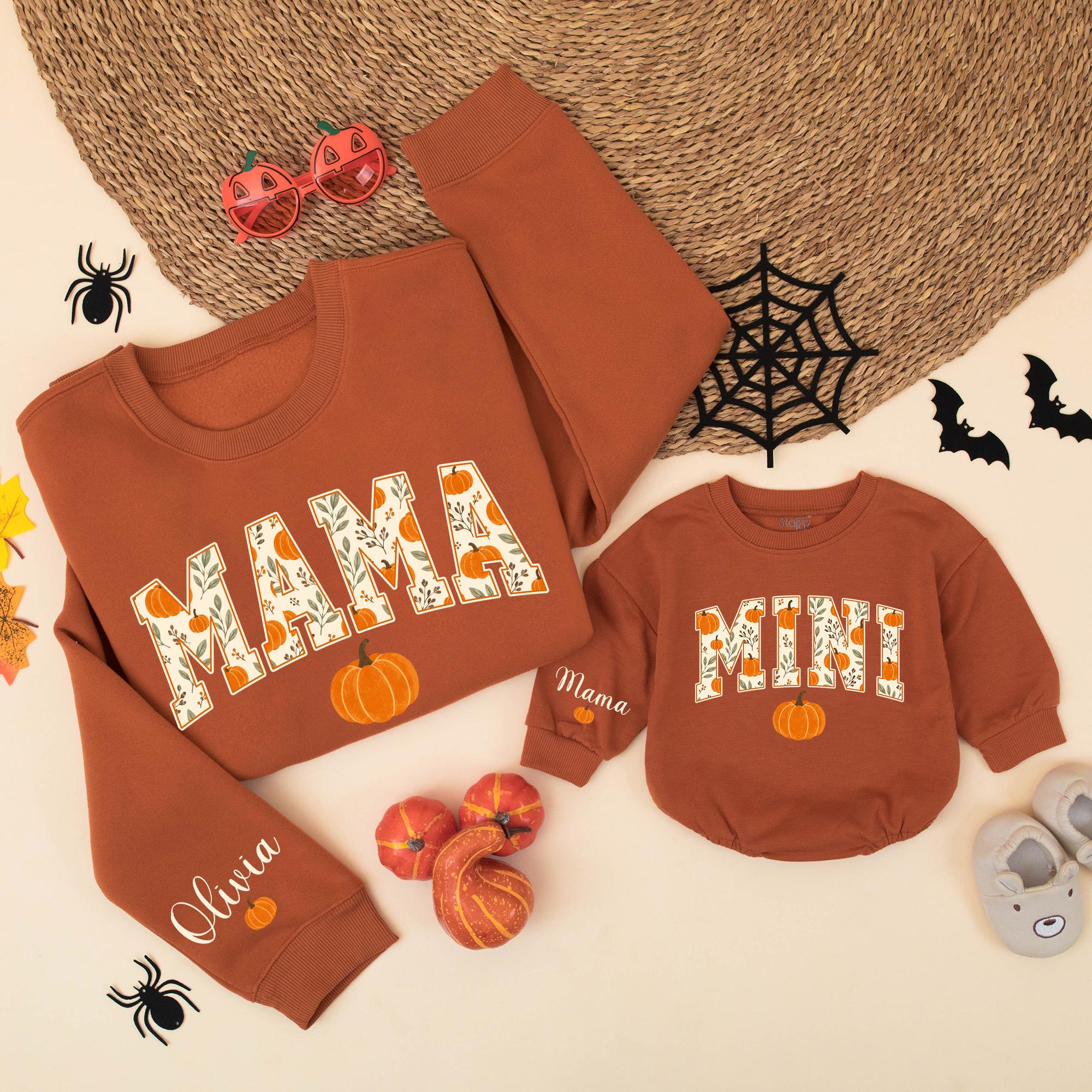 Mama and Mini Pumpkin Fall Sweatshirts with Custom Names, Matching Family Outfits for Autumn, Mom and Baby Thanksgiving Sweaters