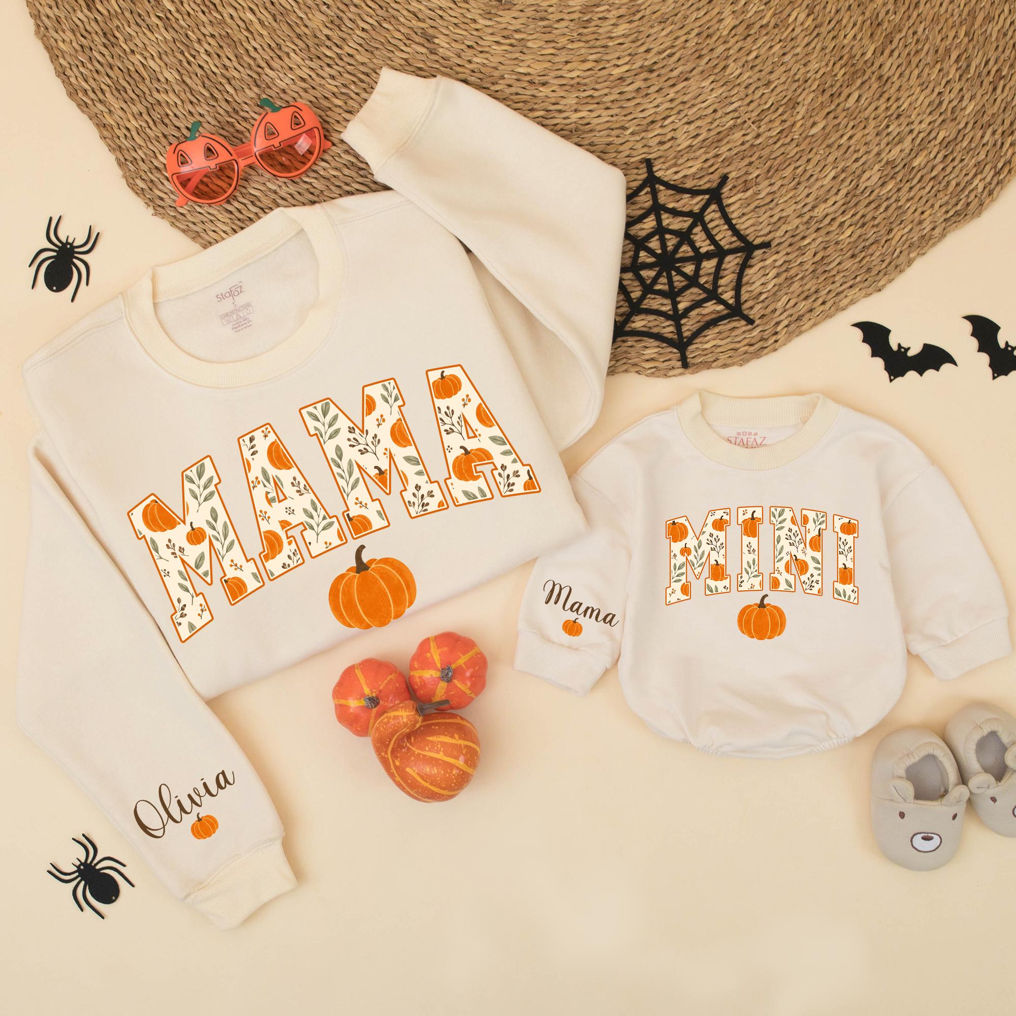 Mama and Mini Pumpkin Fall Sweatshirts with Custom Names, Matching Family Outfits for Autumn, Mom and Baby Thanksgiving Sweaters