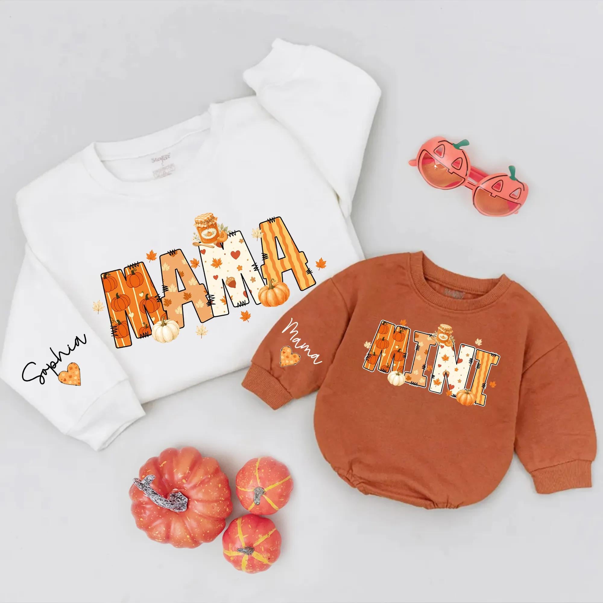Mama and Mini Pumpkin Patch Fall Sweatshirts with Custom Names, Matching Autumn Family Outfits for Thanksgiving and Halloween