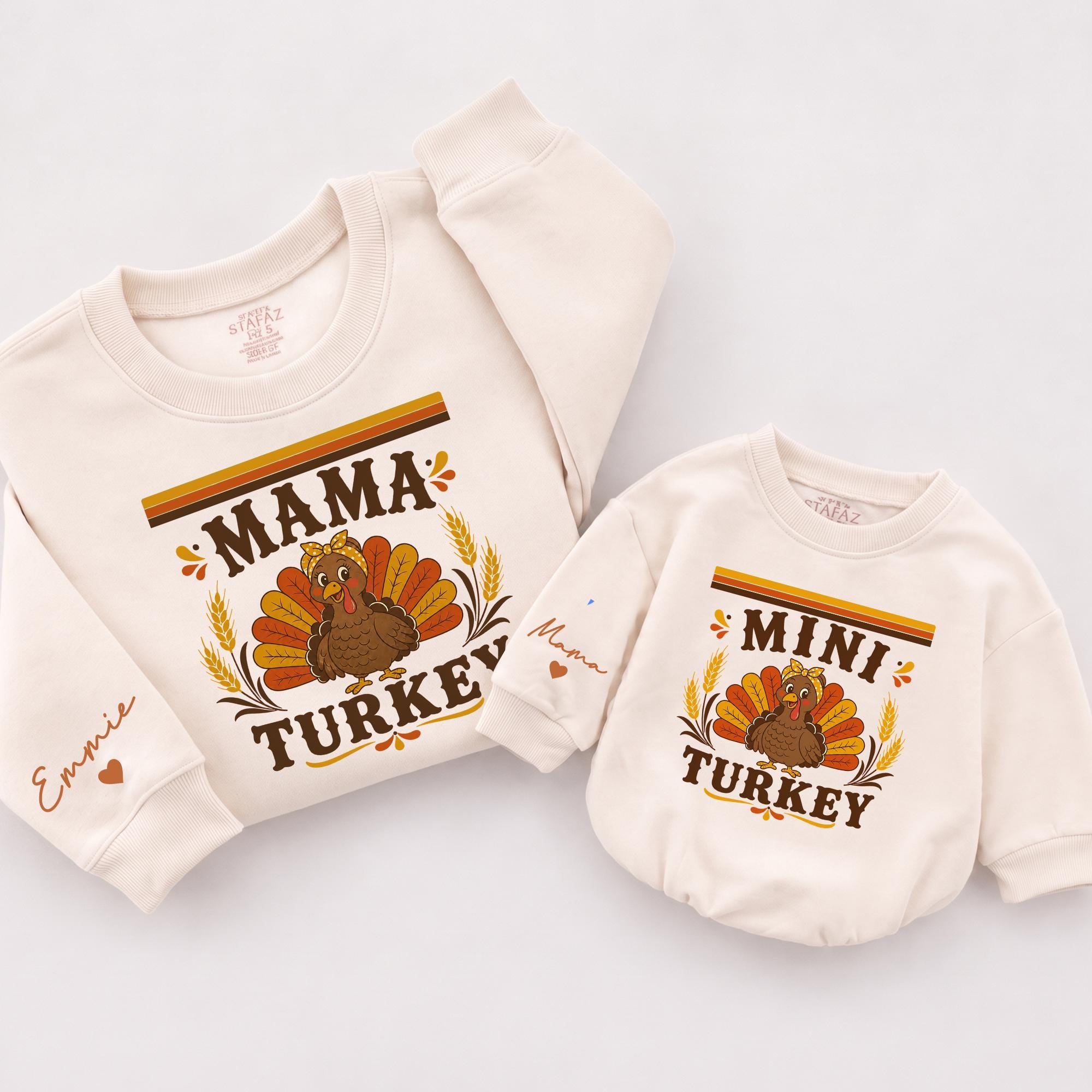 Mama Mini Turkey Thanksgiving Sweatshirts with Personalized Name, Mommy and Me Matching Outfits for Holiday Family Photos
