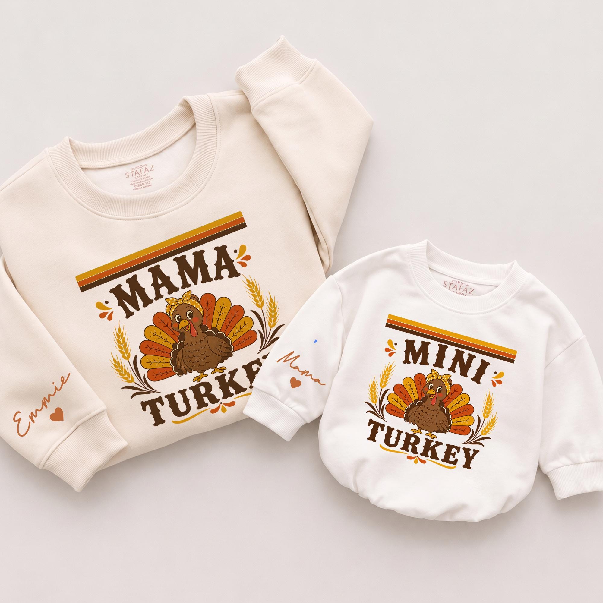 Mama Mini Turkey Thanksgiving Sweatshirts with Personalized Name, Mommy and Me Matching Outfits for Holiday Family Photos