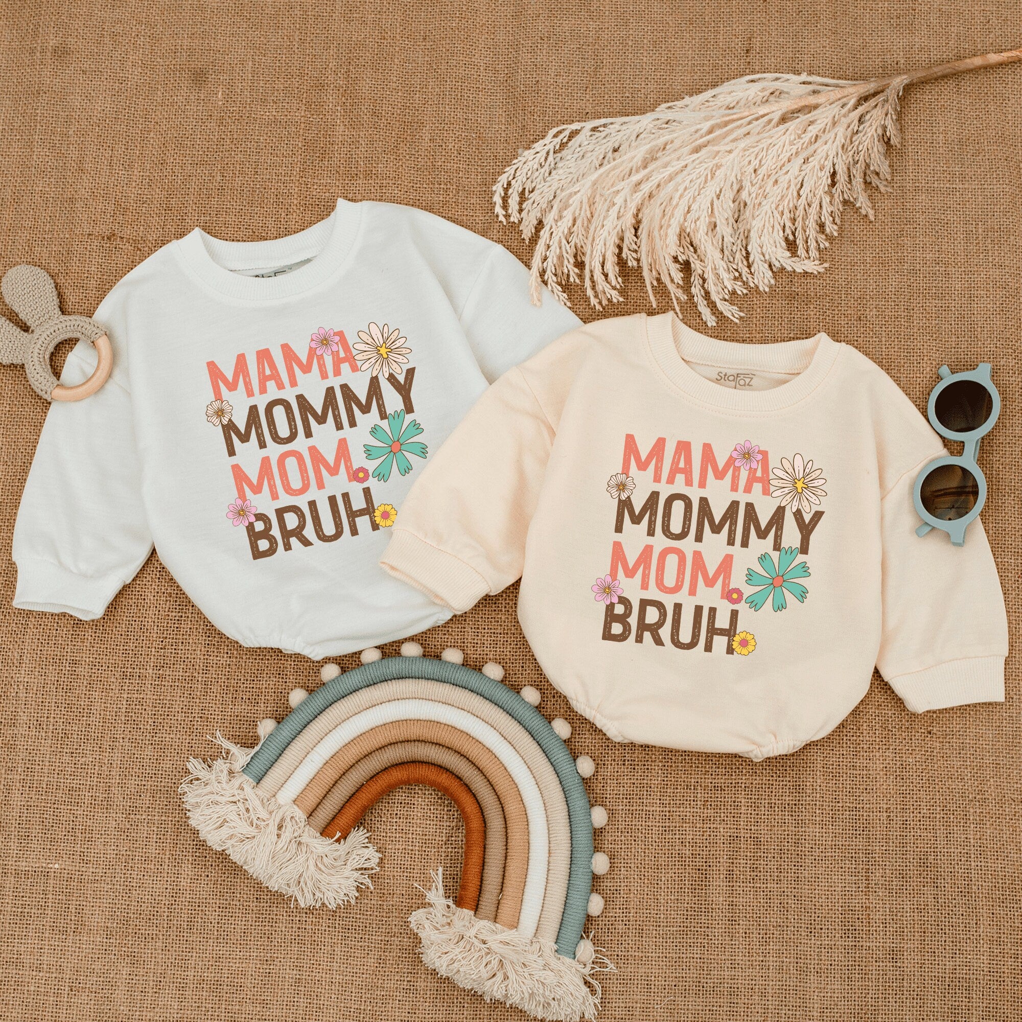 Mama Mommy Mom Bruh Colorful Romper Baby Outfit Fun Floral Design Soft Cotton Infant Girl Toddler Playwear Birthday Gift Baby Shower