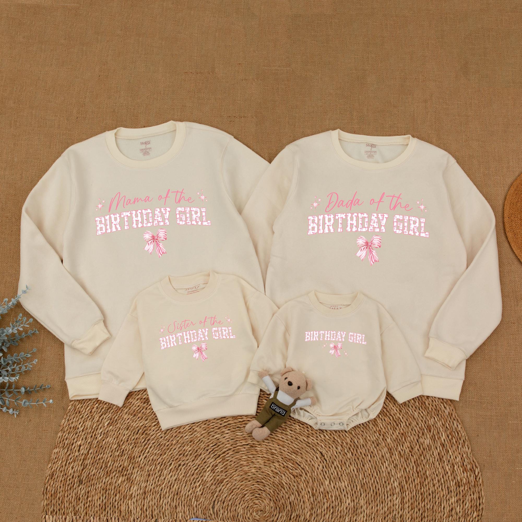 Mama of the Birthday Girl Pink Bow Sweatshirt Family Matching Outfit for First Girl Birthday Celebration Soft Cotton Festive Design