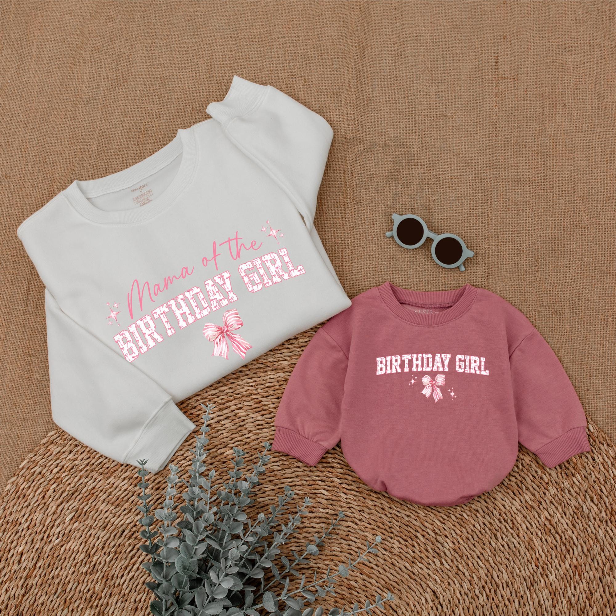 Mama of the Birthday Girl Pink Bow Sweatshirt Family Matching Outfit for First Girl Birthday Celebration Soft Cotton Festive Design