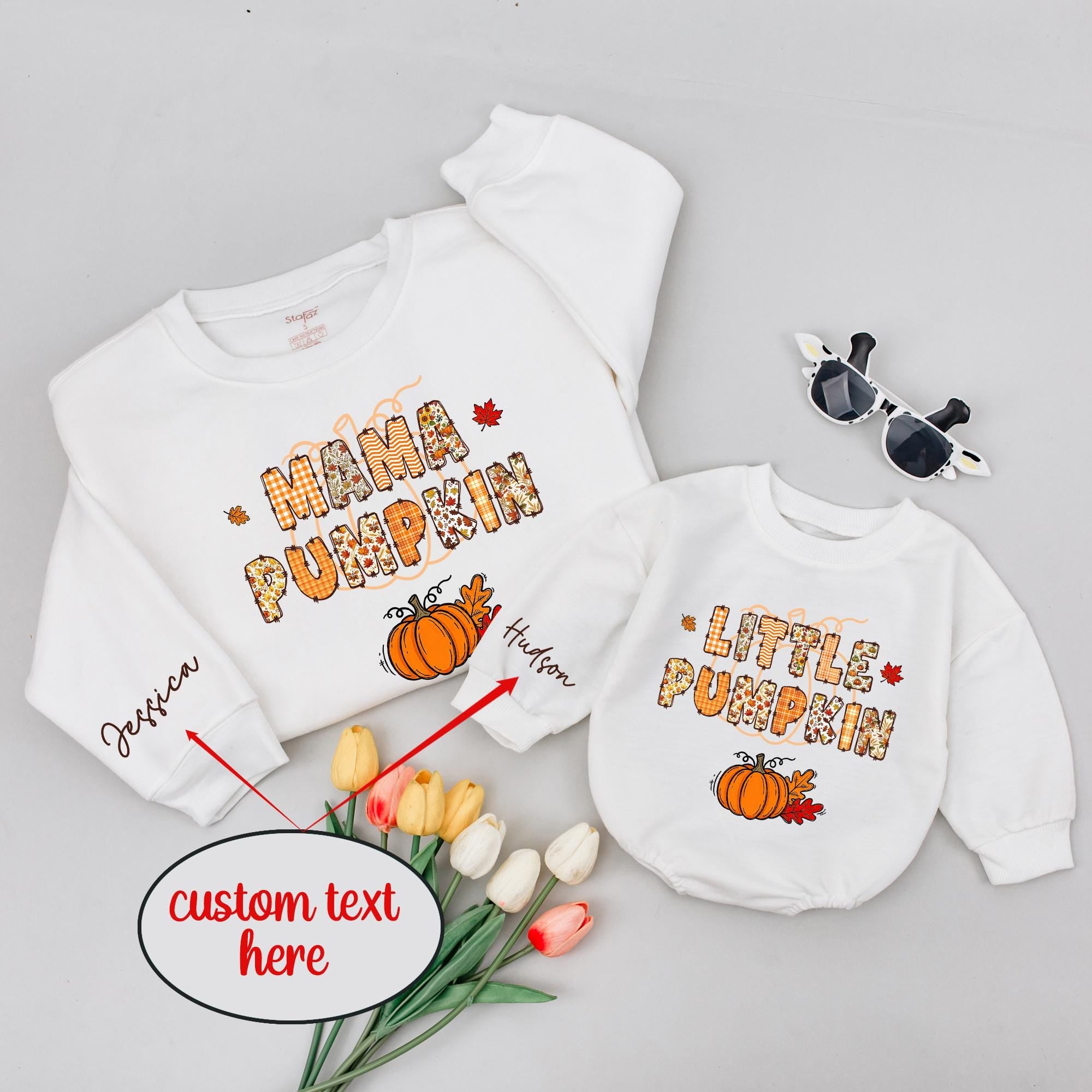 Mama Pumpkin and Little Pumpkin Matching Sweatshirt Romper Set with Custom Names, Fall Pumpkin Patch Outfit for Mom and Baby