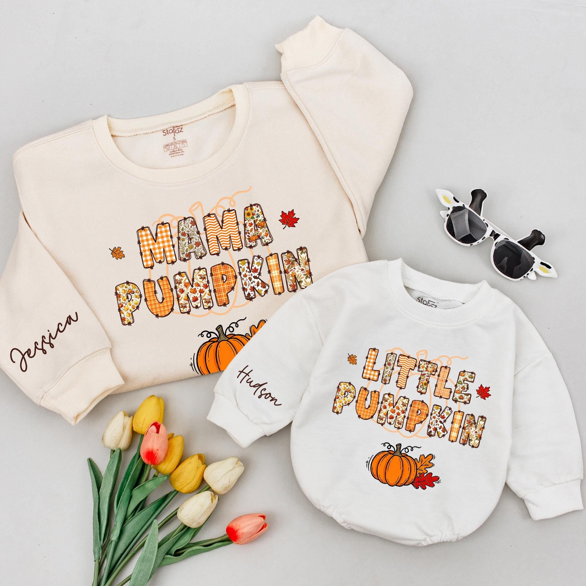 Mama Pumpkin and Little Pumpkin Matching Sweatshirt Romper Set with Custom Names, Fall Pumpkin Patch Outfit for Mom and Baby