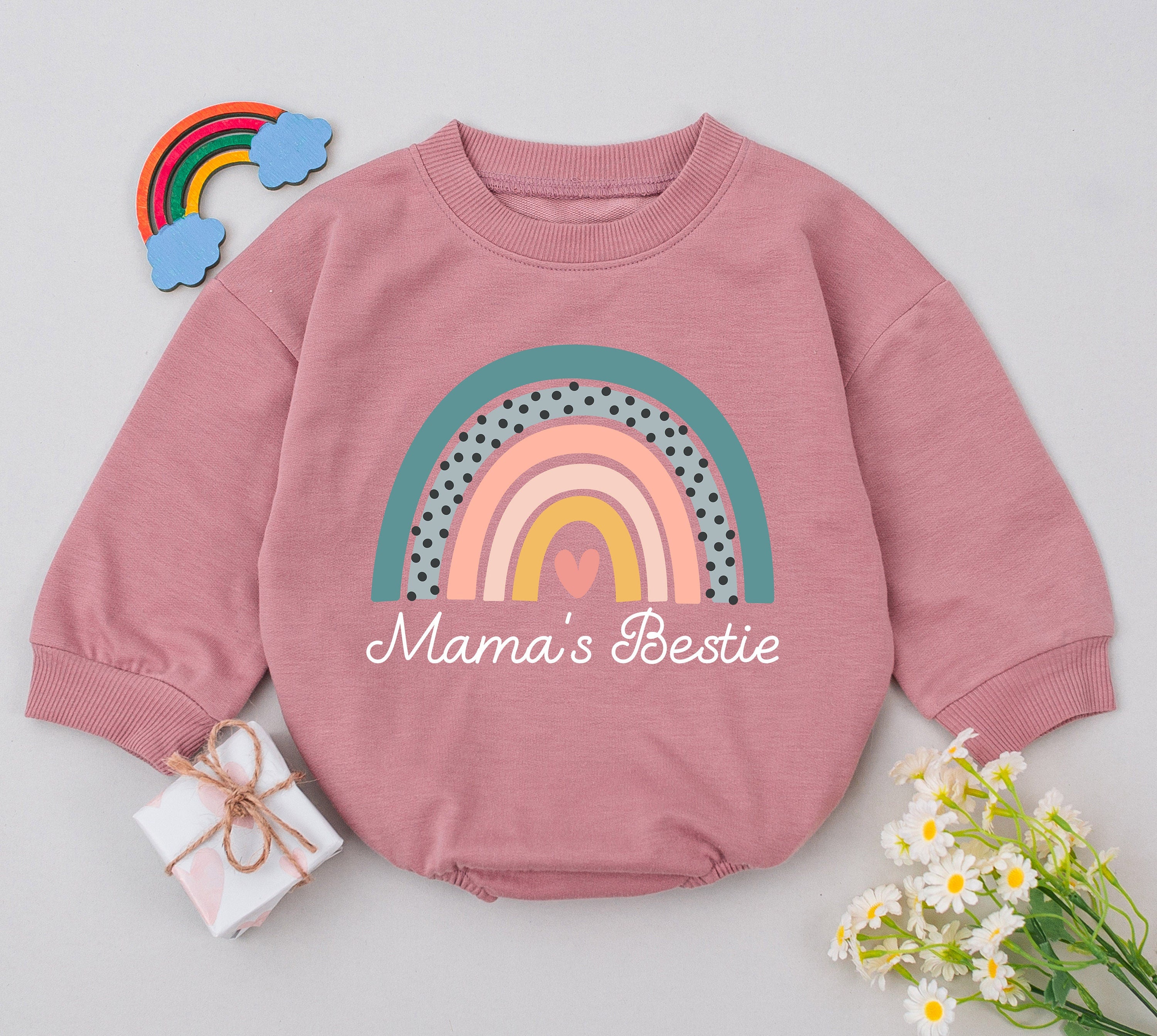 Mama's Bestie Rainbow Romper for Baby Girls Sweet Pastel Outfit Perfect Mother's Day or Baby Shower Gift Soft Comfortable Cotton Design