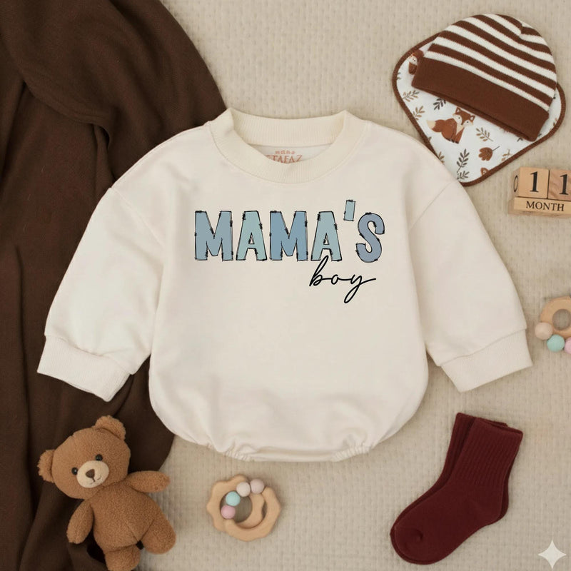 Mama's Boy Baby Romper with Blue Animal Print Letters and Black Script, Soft Cotton Outfit for Infant or Toddler Boys, Cute Baby Gift