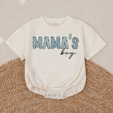 Mama's Boy Baby Romper with Blue Animal Print Letters and Black Script, Soft Cotton Outfit for Infant or Toddler Boys, Cute Baby Gift