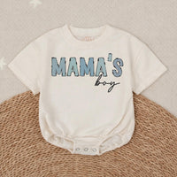 Mama's Boy Baby Romper with Blue Animal Print Letters and Black Script, Soft Cotton Outfit for Infant or Toddler Boys, Cute Baby Gift