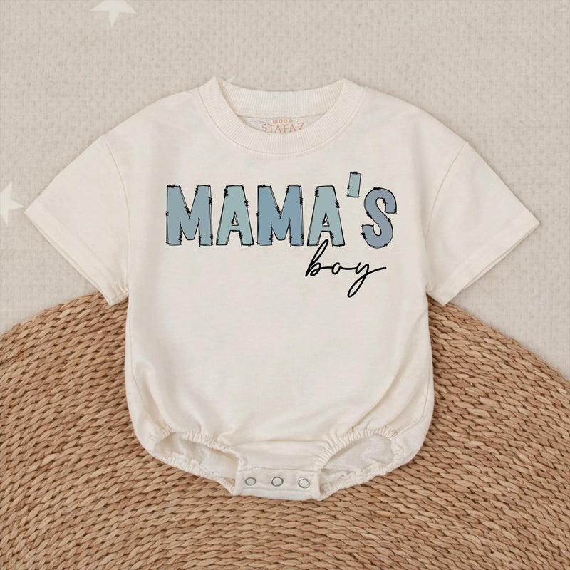 Mama's Boy Baby Romper with Blue Animal Print Letters and Black Script, Soft Cotton Outfit for Infant or Toddler Boys, Cute Baby Gift