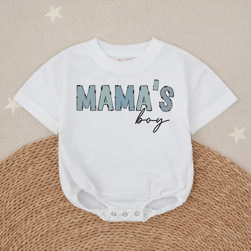 Mama's Boy Baby Romper with Blue Animal Print Letters and Black Script, Soft Cotton Outfit for Infant or Toddler Boys, Cute Baby Gift