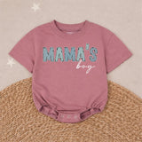 Mama's Boy Baby Romper with Blue Animal Print Letters and Black Script, Soft Cotton Outfit for Infant or Toddler Boys, Cute Baby Gift