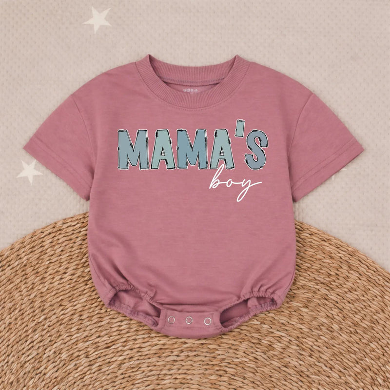 Mama's Boy Baby Romper with Blue Animal Print Letters and Black Script, Soft Cotton Outfit for Infant or Toddler Boys, Cute Baby Gift
