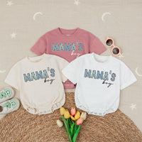 Mama's Boy Baby Romper with Blue Animal Print Letters and Black Script, Soft Cotton Outfit for Infant or Toddler Boys, Cute Baby Gift