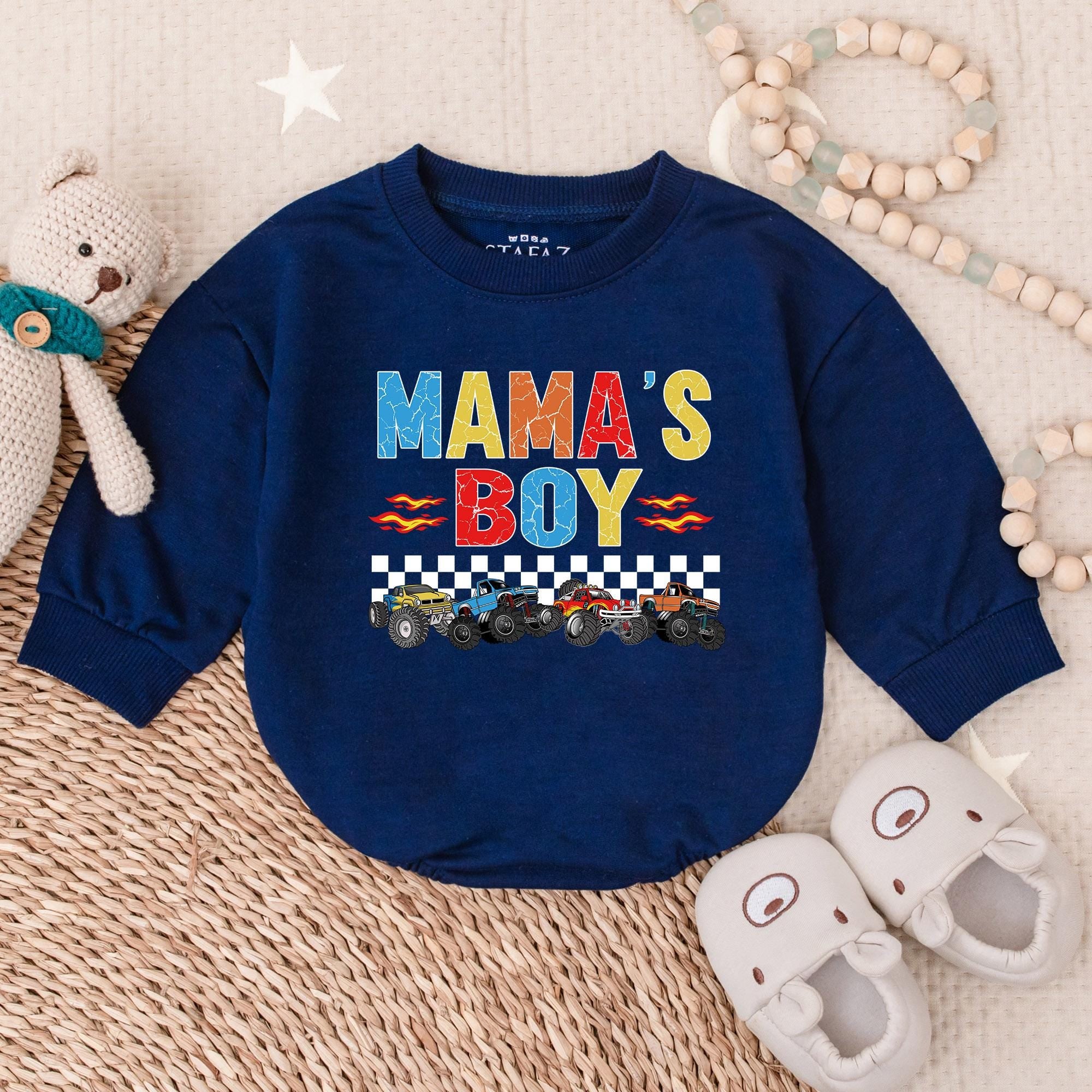 Mama's Boy Colorful Baby Romper Long Sleeve Bodysuit Playful Flames Monster Truck Design Soft Cotton Gift for New Moms and Babies