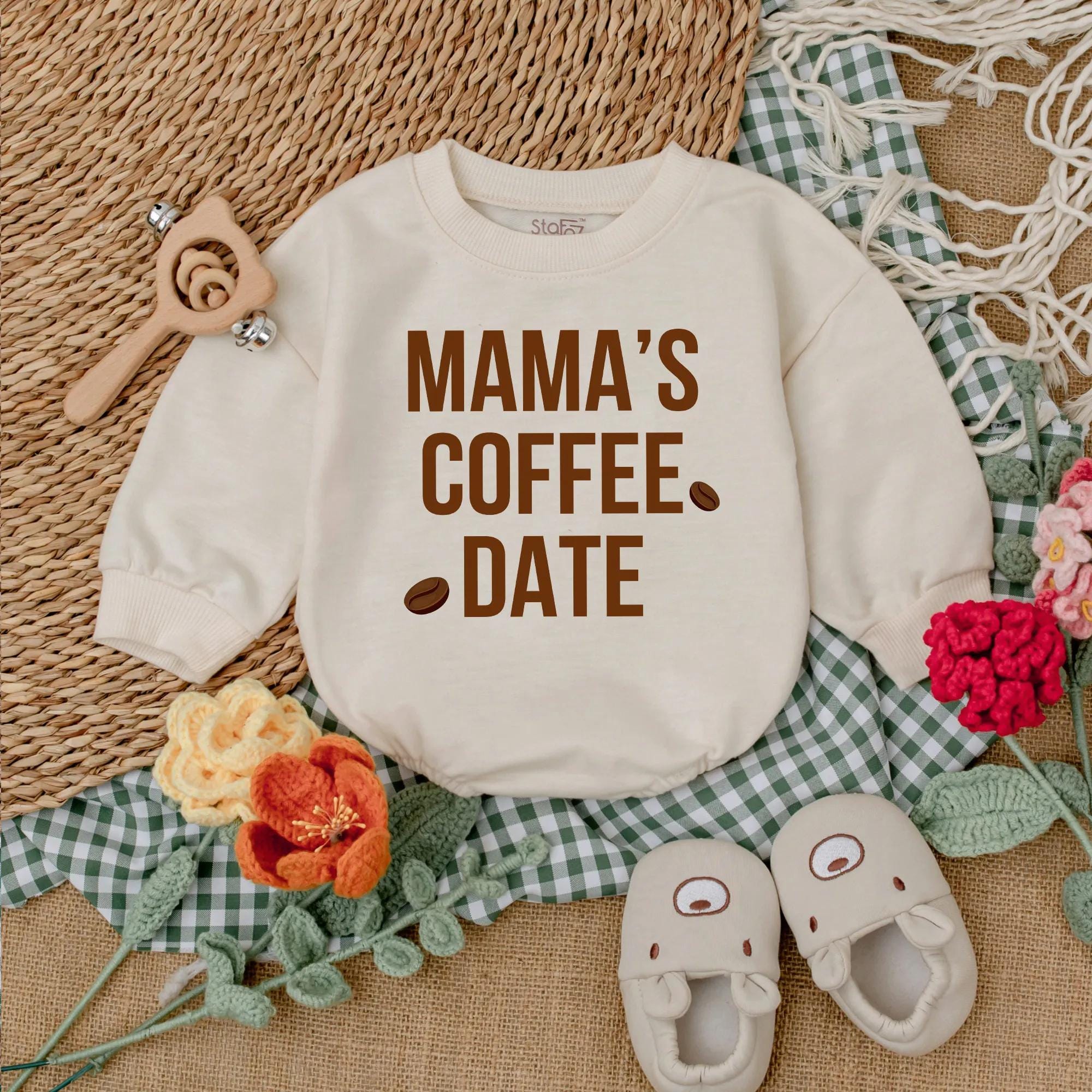 Mama's Coffee Date Bubble Romper Cozy Baby Outfit with Coffee Bean Design Long Sleeve Soft Cotton Gift for Coffee Lover Infant Casual Wear