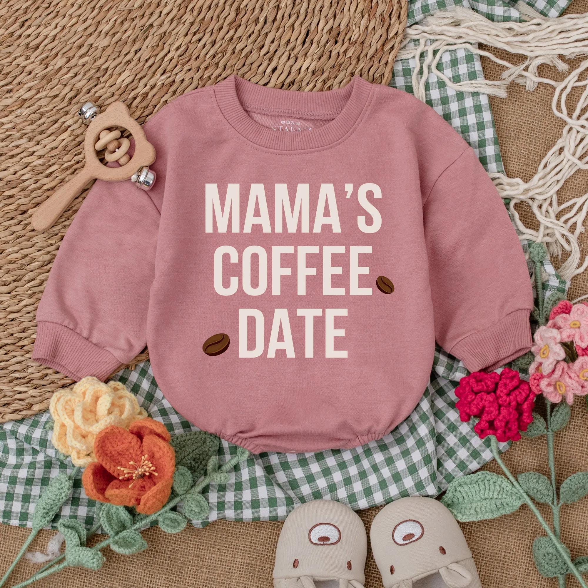 Mama's Coffee Date Bubble Romper Cozy Baby Outfit with Coffee Bean Design Long Sleeve Soft Cotton Gift for Coffee Lover Infant Casual Wear