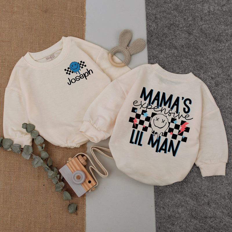 Mama's Expensive Lil Man Personalized Baby Romper Checkered Flags Design Soft Cotton Boy Bodysuit Gift for First Mother's Day