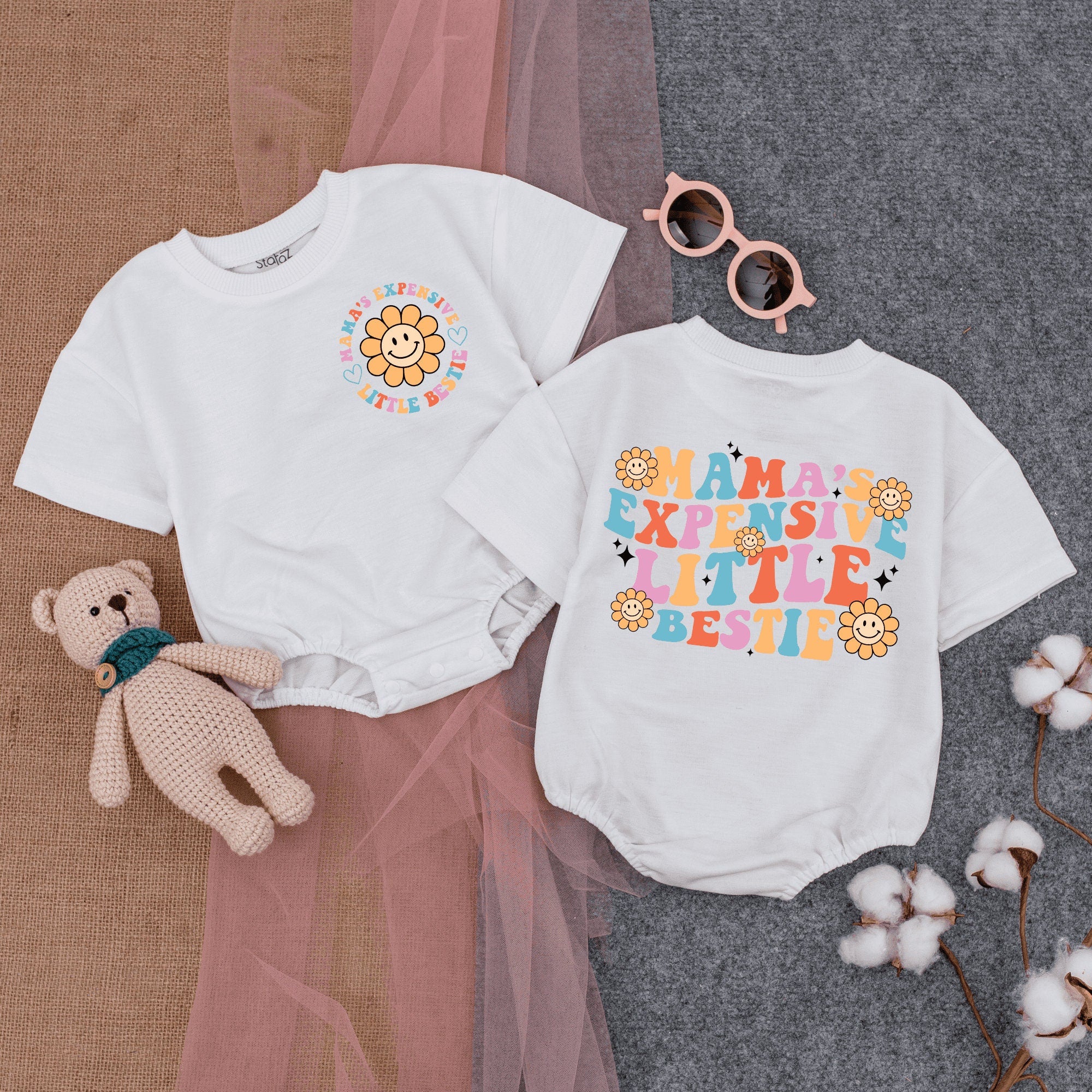Mama's Expensive Little Bestie Bodysuit Retro Flower Toddler Outfit Colorful Baby Romper Fun Vintage Style Birthday Party Clothing Gift