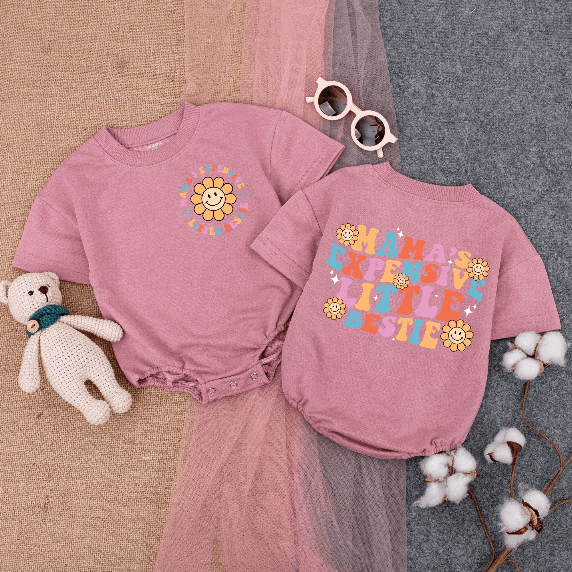 Mama's Expensive Little Bestie Bodysuit Retro Flower Toddler Outfit Colorful Baby Romper Fun Vintage Style Birthday Party Clothing Gift