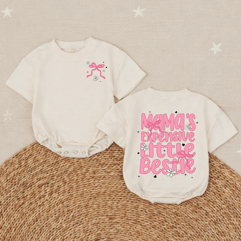 Mama’s Expensive Little Bestie Bubble Romper for Baby Girl Birthday Outfit Soft Cotton Toddler Clothes with Pink Ribbons and Daisies