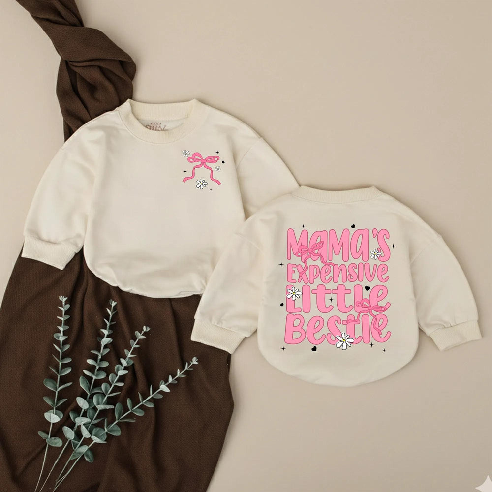 Mama’s Expensive Little Bestie Bubble Romper for Baby Girl Birthday Outfit Soft Cotton Toddler Clothes with Pink Ribbons and Daisies