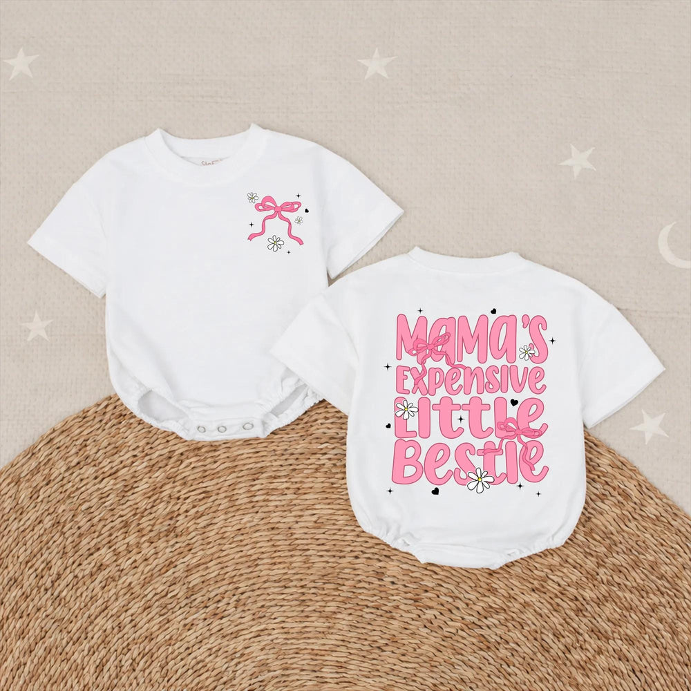 Mama’s Expensive Little Bestie Bubble Romper for Baby Girl Birthday Outfit Soft Cotton Toddler Clothes with Pink Ribbons and Daisies