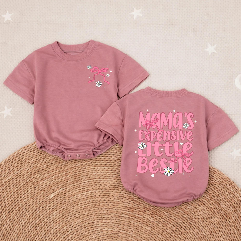 Mama’s Expensive Little Bestie Bubble Romper for Baby Girl Birthday Outfit Soft Cotton Toddler Clothes with Pink Ribbons and Daisies