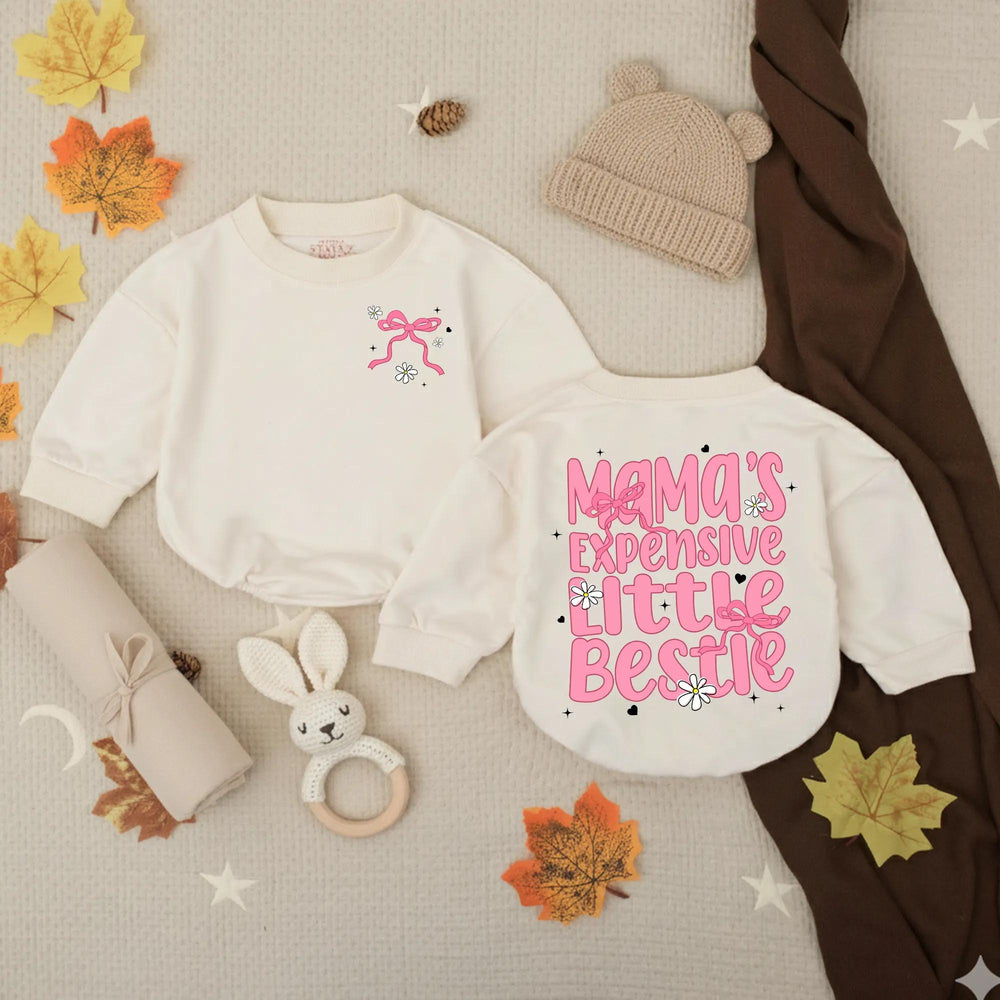 Mama’s Expensive Little Bestie Bubble Romper for Baby Girl Birthday Outfit Soft Cotton Toddler Clothes with Pink Ribbons and Daisies
