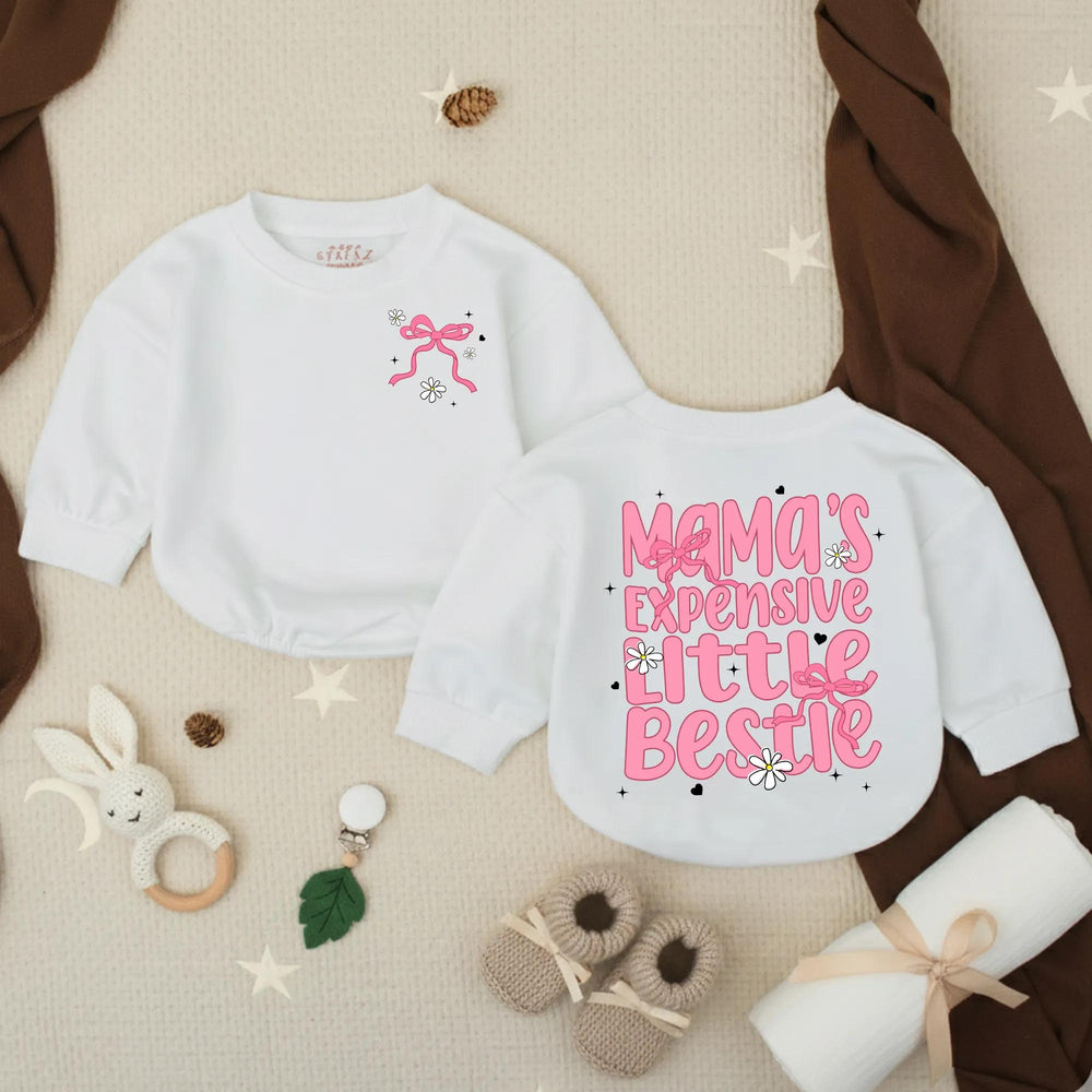 Mama’s Expensive Little Bestie Bubble Romper for Baby Girl Birthday Outfit Soft Cotton Toddler Clothes with Pink Ribbons and Daisies