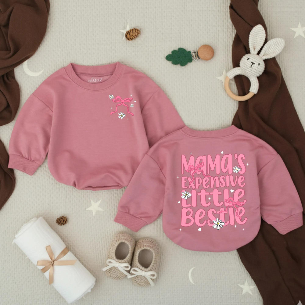 Mama’s Expensive Little Bestie Bubble Romper for Baby Girl Birthday Outfit Soft Cotton Toddler Clothes with Pink Ribbons and Daisies