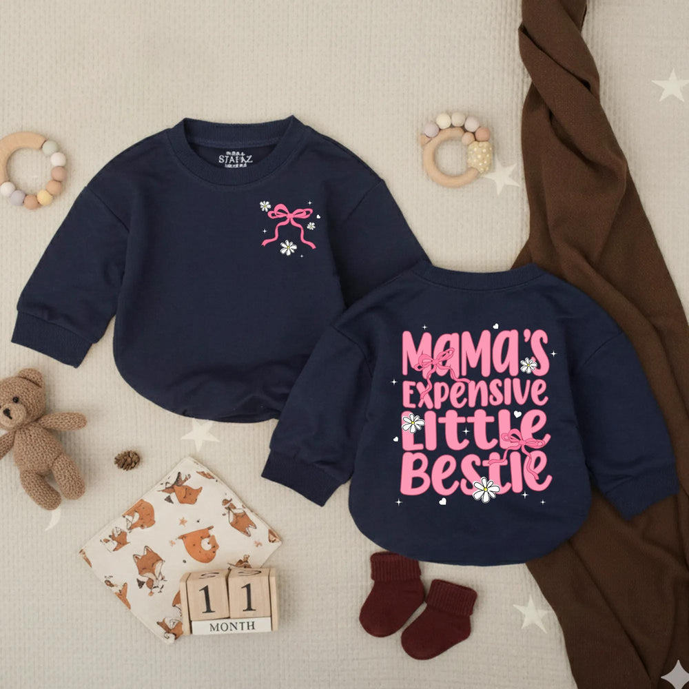 Mama’s Expensive Little Bestie Bubble Romper for Baby Girl Birthday Outfit Soft Cotton Toddler Clothes with Pink Ribbons and Daisies
