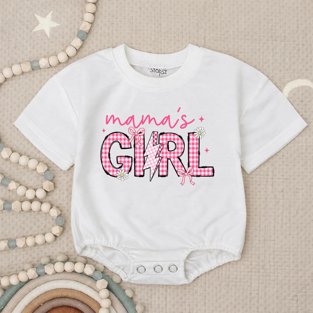 Mama’s Girl Baby Romper with Checkered Lightning Bolt Design, Cute Coquette Style Newborn Infant Outfit Gift for Mommy and Me Moments