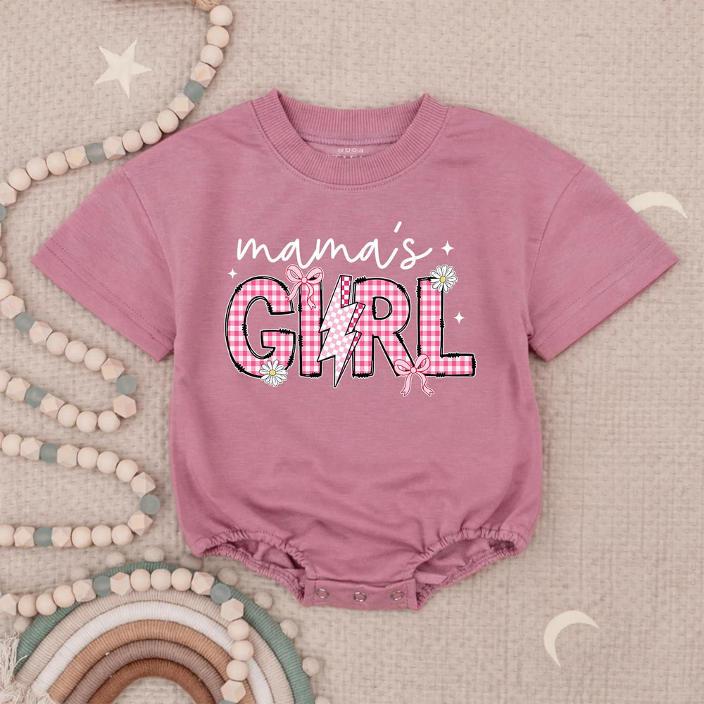 Mama’s Girl Baby Romper with Checkered Lightning Bolt Design, Cute Coquette Style Newborn Infant Outfit Gift for Mommy and Me Moments