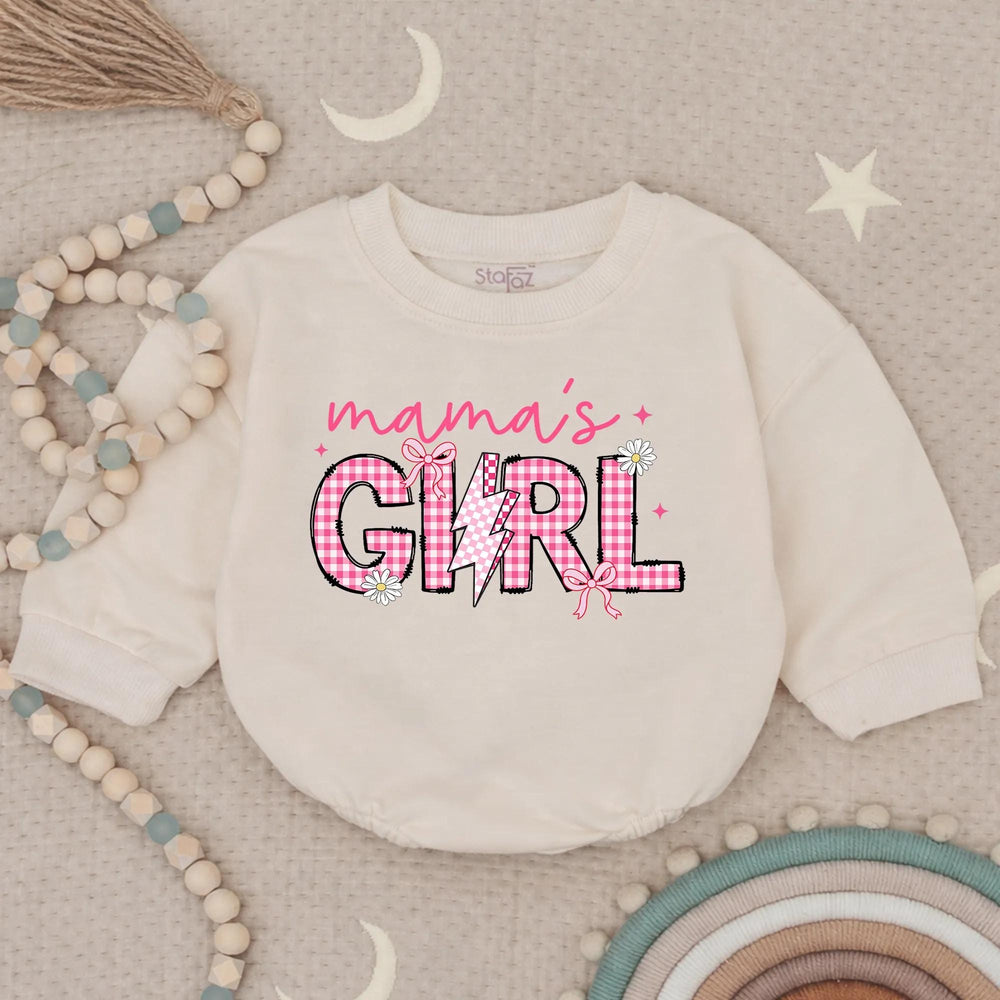 Mama’s Girl Baby Romper with Checkered Lightning Bolt Design, Cute Coquette Style Newborn Infant Outfit Gift for Mommy and Me Moments