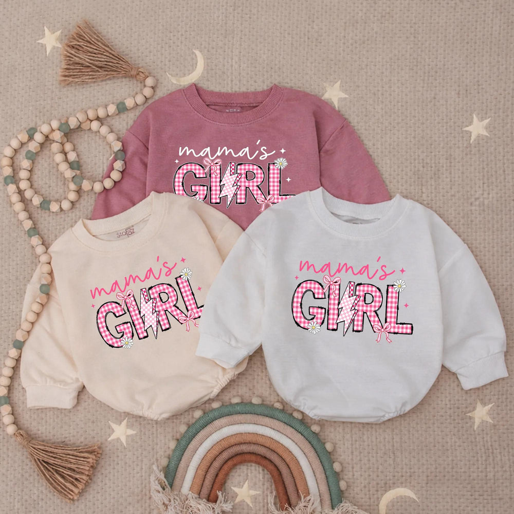 Mama’s Girl Baby Romper with Checkered Lightning Bolt Design, Cute Coquette Style Newborn Infant Outfit Gift for Mommy and Me Moments