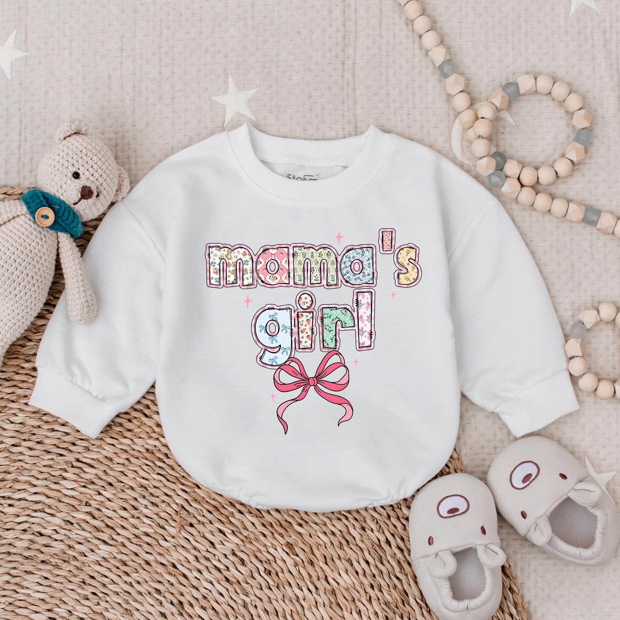 Mama's Girl Bubble Romper with Pink Bow Baby Outfit Pastel Colors Mother's Day Gift Soft Cotton Infant Clothes Birthday Holiday